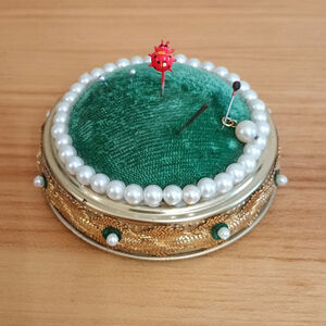 Vintage Green Velvet & Faux Pearl Pin Cushion Gold Metal & Ribbon Sided 3"